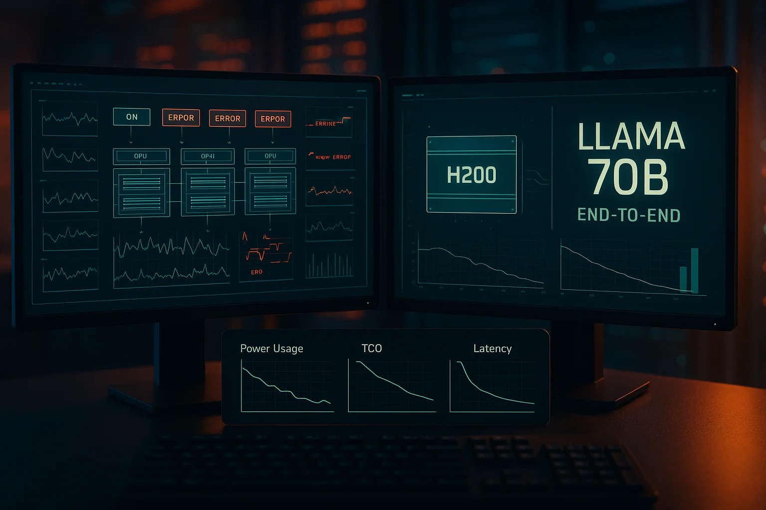 System administrator dashboard comparing complex H100 setup vs. streamlined H200 deployment for large AI models.