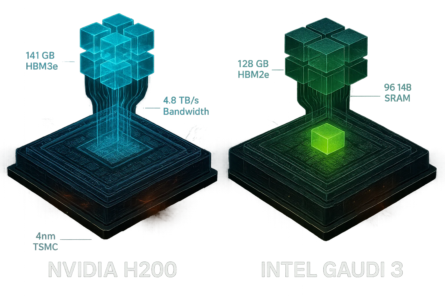 Transparent view: NVIDIA H200 (4nm, HBM3e) vs. Intel Gaudi 3 (5nm, HBM2e, SRAM) chip architecture comparison.