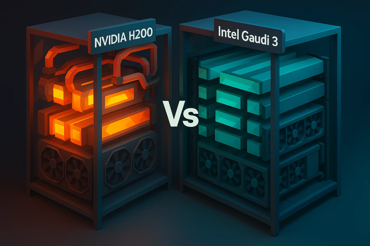 NVIDIA H200 (left, fewer, hot) and Intel Gaudi 3 (right, more, cooler) server racks show density differences.
