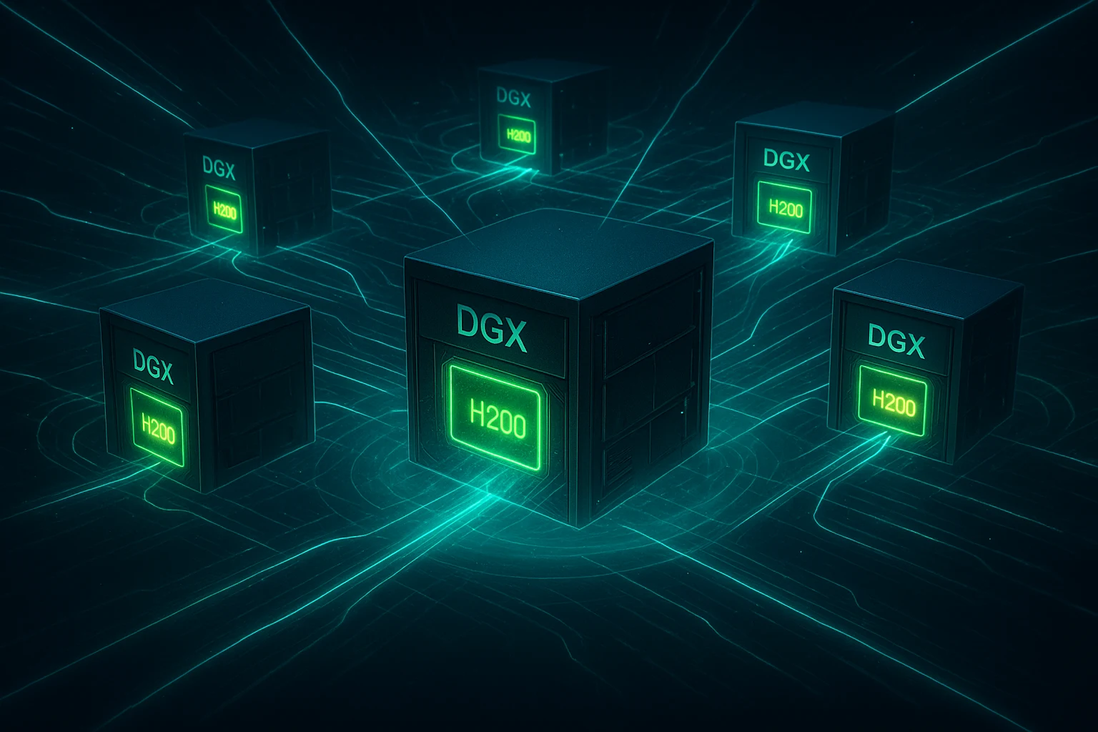 NVIDIA DGX H200 cluster with glowing GPUs and interconnected data streams, enabling trillion-parameter AI.