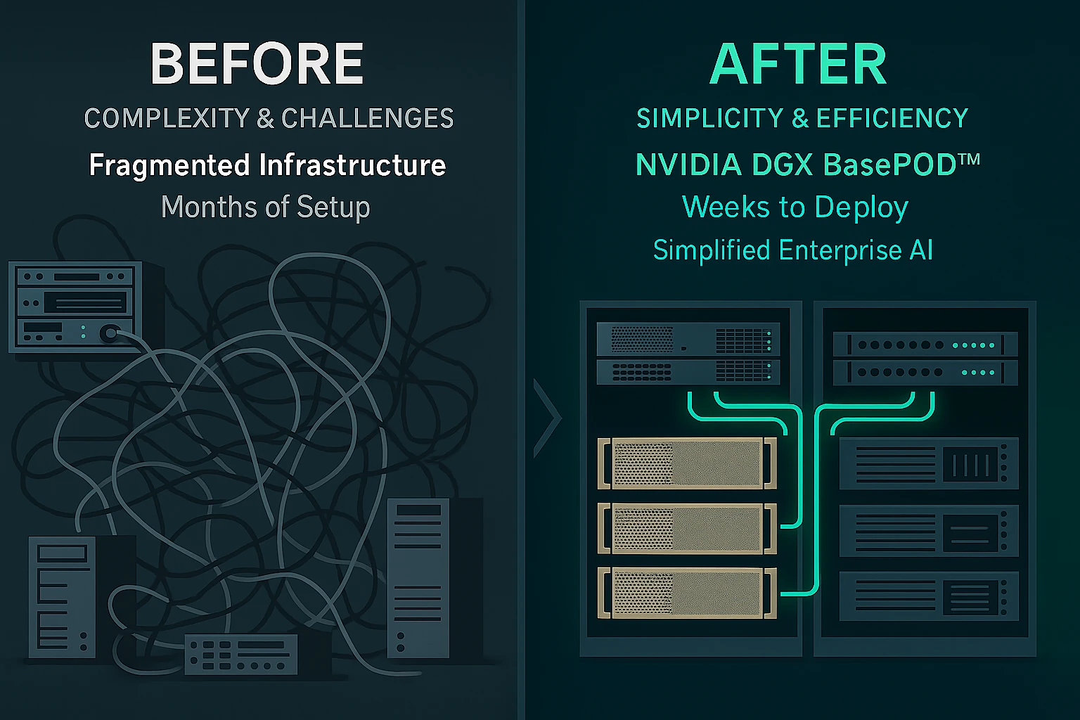 Fragmented AI infrastructure transforms to streamlined NVIDIA DGX BasePOD, showing fast deployment.